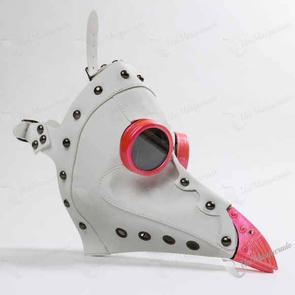 White Leather Plague Doctor Venetian Masquerade Party Mask w/ Pink Goggles Beak - Picture 2 of 6